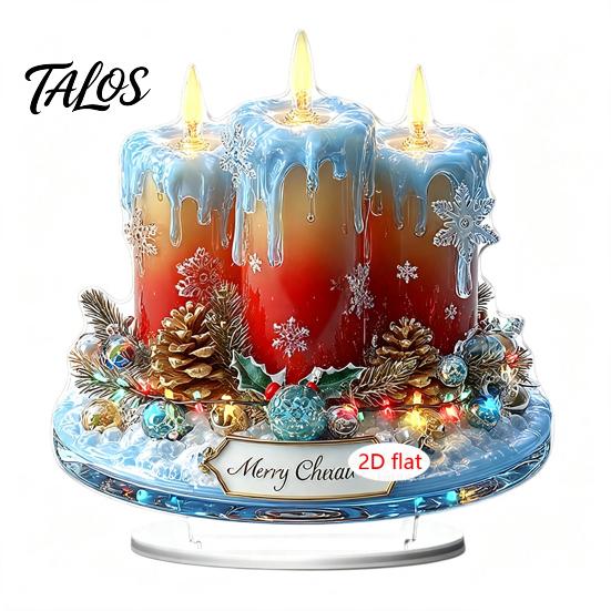 New Year Party Supplies Christmas Candle Ornament, 2D Flat Acrylic Ornament with Base, Tabletop Ornaments Snowman Reindeer Festive Table Centerpiece