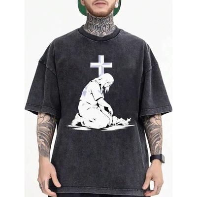 Men's Cotton Oversized Vintage T-Shirt - Distressed Faith Prayer Design with Print,Soft Breathable Streetwear Tee for Church,Casual & Everyday Summer