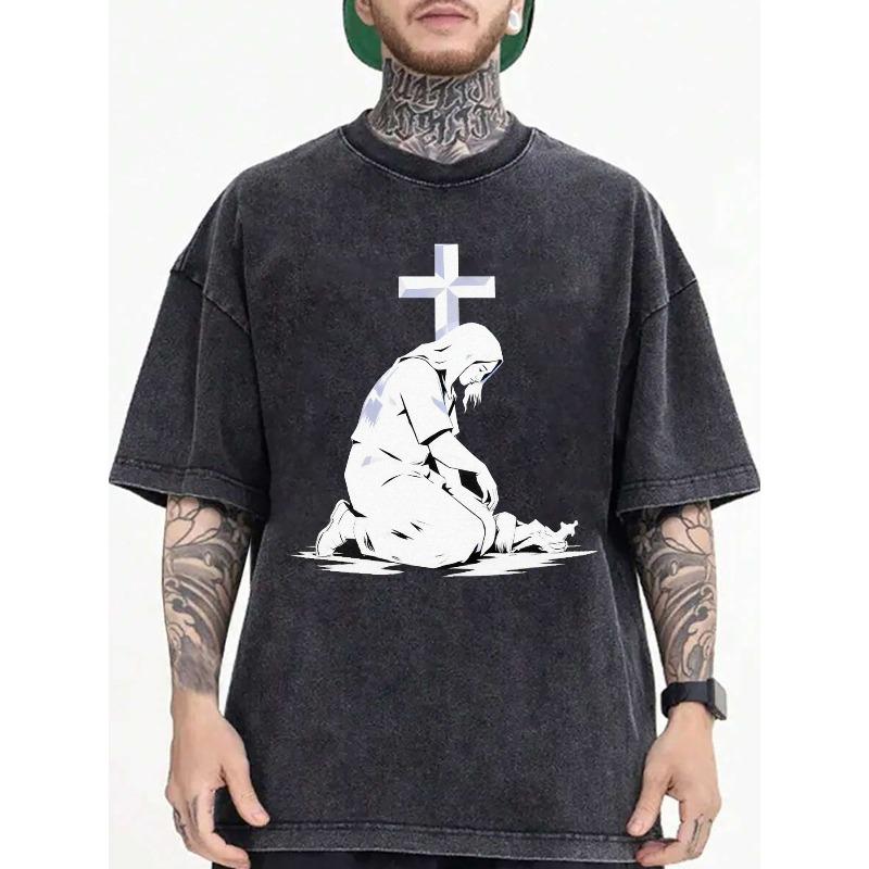 

Men s Cotton Oversized Vintage T-Shirt - Distressed Faith Prayer Design with Print,Soft Breathable Streetwear Tee for Church,Casual & Everyday Summer S чёрный