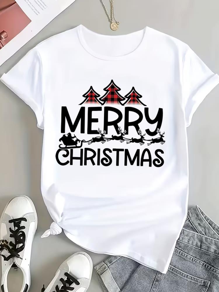 (Asian Size) Peace Trend Christmas Clothing T Shirt Tee Top Festival New Year Women Fashion Print Female Woman Short Sleeve Graphic T-shirts