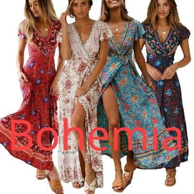 Women Summer Bohemian Dress Beach Open Wrap Dress Boho Deep V Neck Vacation Short Sleeve Floral Dress Long Maxi Dress