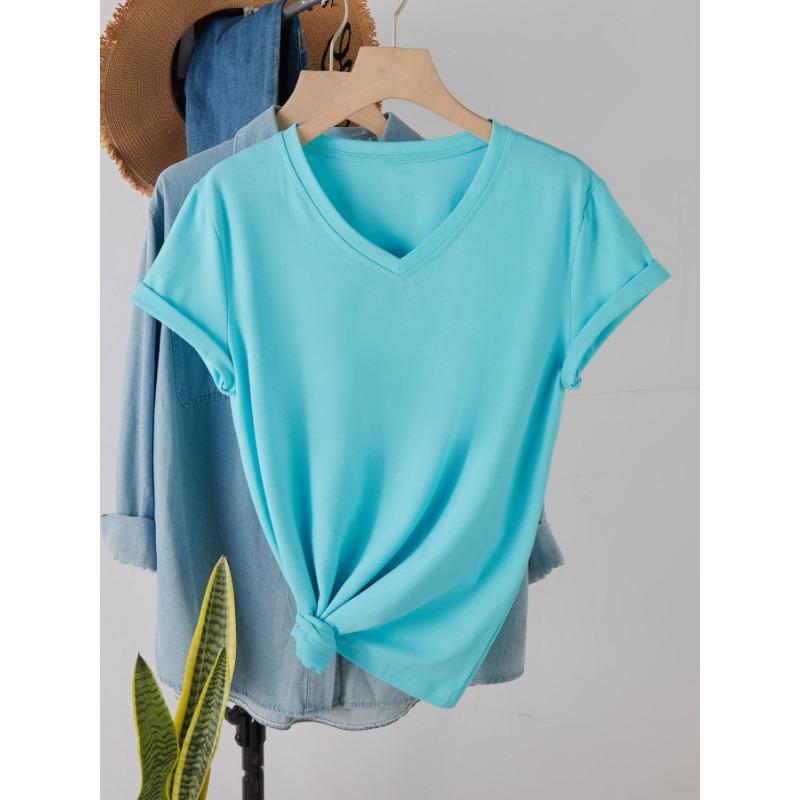 Fashionable Simple Versatile Pure-colored V-neck Short-sleeved Women's T-shirts