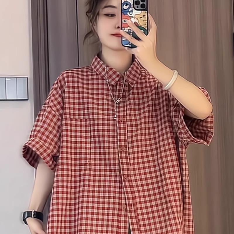 Premium 2025 Women's Summer Plaid Short Sleeve Shirt - Elegant and Relaxed Fit