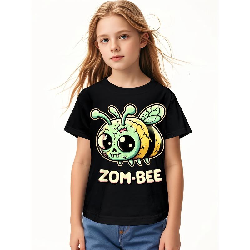 Children Crew Neck Short Sleeve T-Shirt with Cartoon Zombie Bee Print