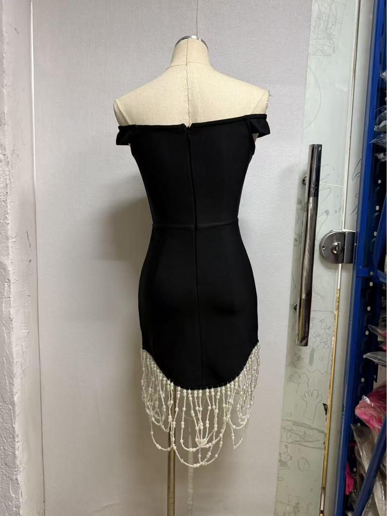 New Women's European & American One-Shoulder Strapless Bodycon Dress with Bandage & Pearl Details