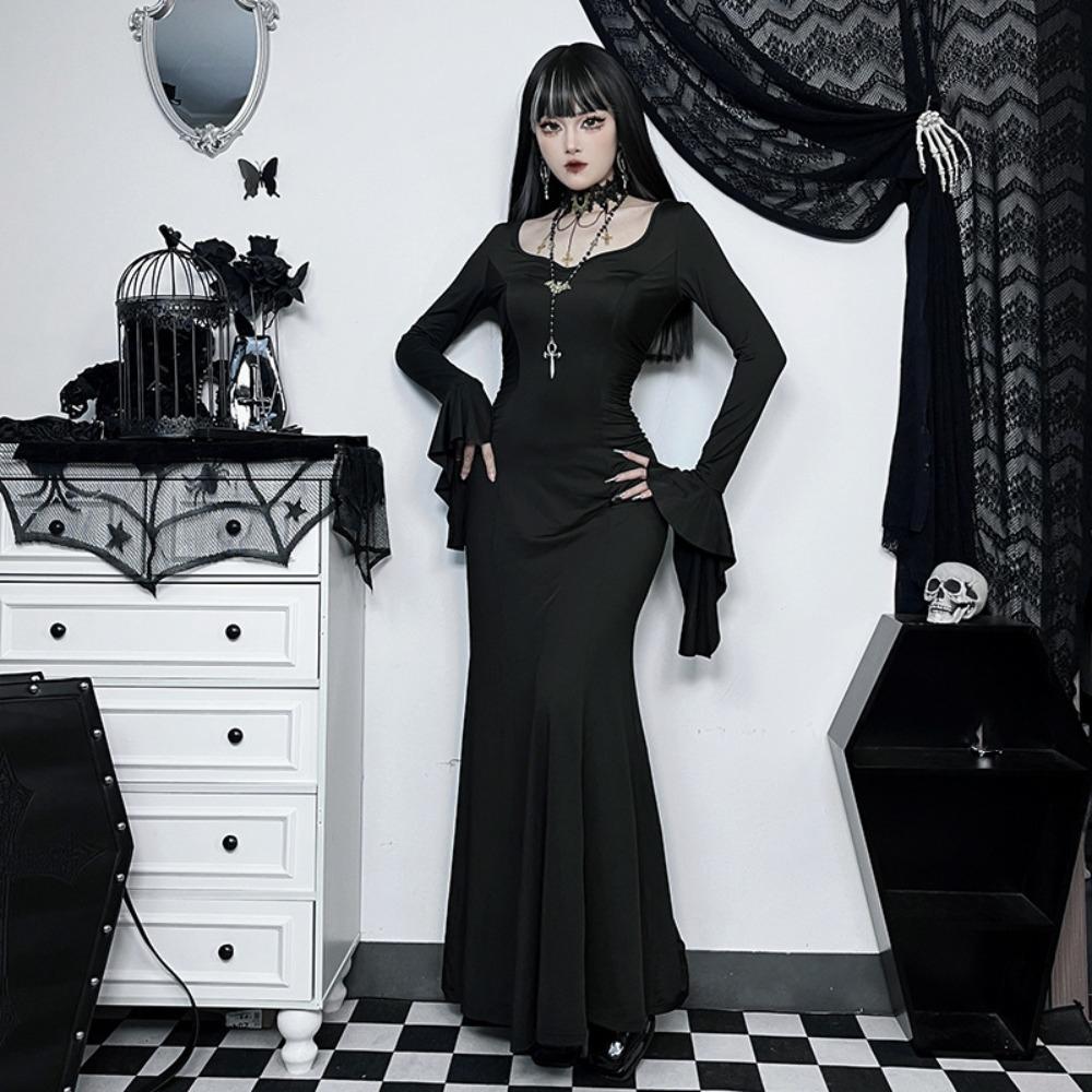 Black Halloween Maxi Dress Patchwork Grunge Robe Bodycon Batwing Sleeve Dress  Cosplay Performance