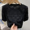 Women's Black Textured Knit Top Short Sleeve Crew Neck Loose Fit Casual Blouse