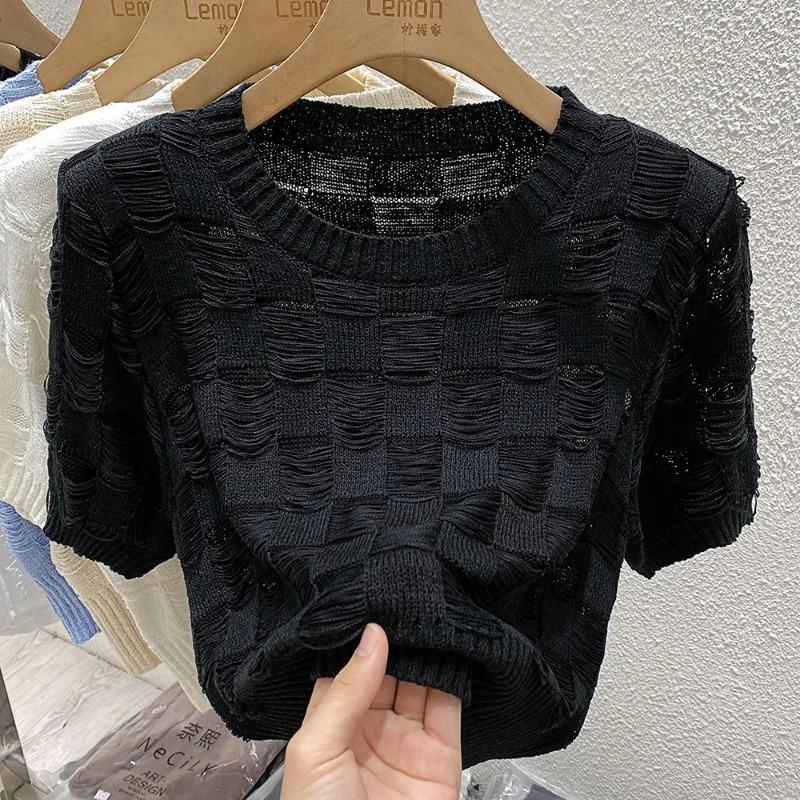 Women's Black Textured Knit Top Short Sleeve Crew Neck Loose Fit Casual Blouse