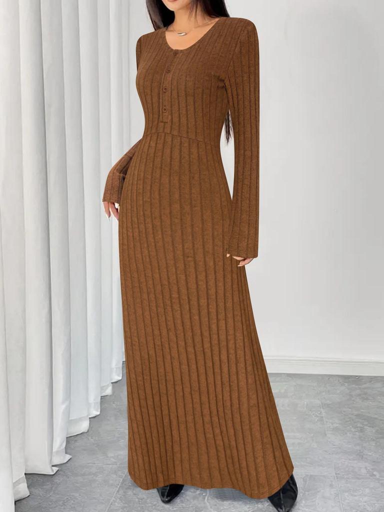 Independent Style European & American Solid Color Ribbed V-Neck Single-Breasted Long Dress for Women - Autumn/Winter Collection