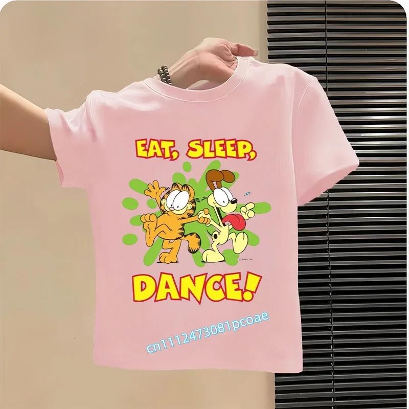 Garfield's new children's pure polyester short-sleeved boys' sports shirt, girls' casual top with cartoon print, summer T-shirt