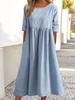 Women's Round Neck 3/4 Sleeve Linen Cotton Loose Midi Dress With Side Pockets Casual Swing Dress