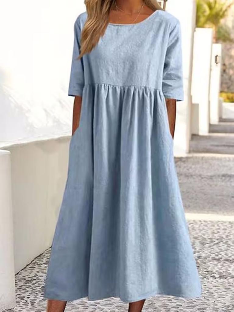 Women's Round Neck 3/4 Sleeve Linen Cotton Loose Midi Dress With Side Pockets Casual Swing Dress