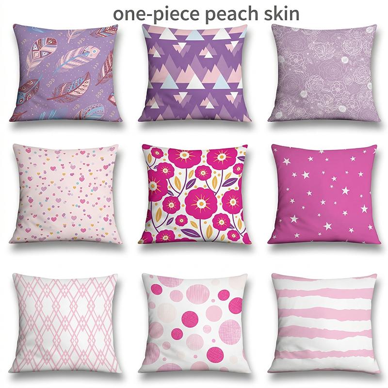 Pink Purple Geometric Floral Cushion Cover Peach Skin Cute Feather Throw Pillowcase Sofa Living Room Bedroom Home Decor 40X40