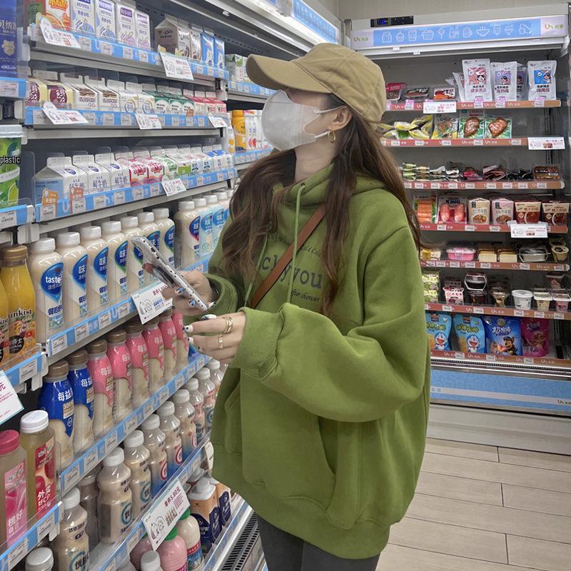 

Женский зеленый худи с капюшоном - Осень/Зима, Корейский стиль, Свободный средней длины, Толстый на флисовой подкладке, Ленивый стиль топ 6316 XXL