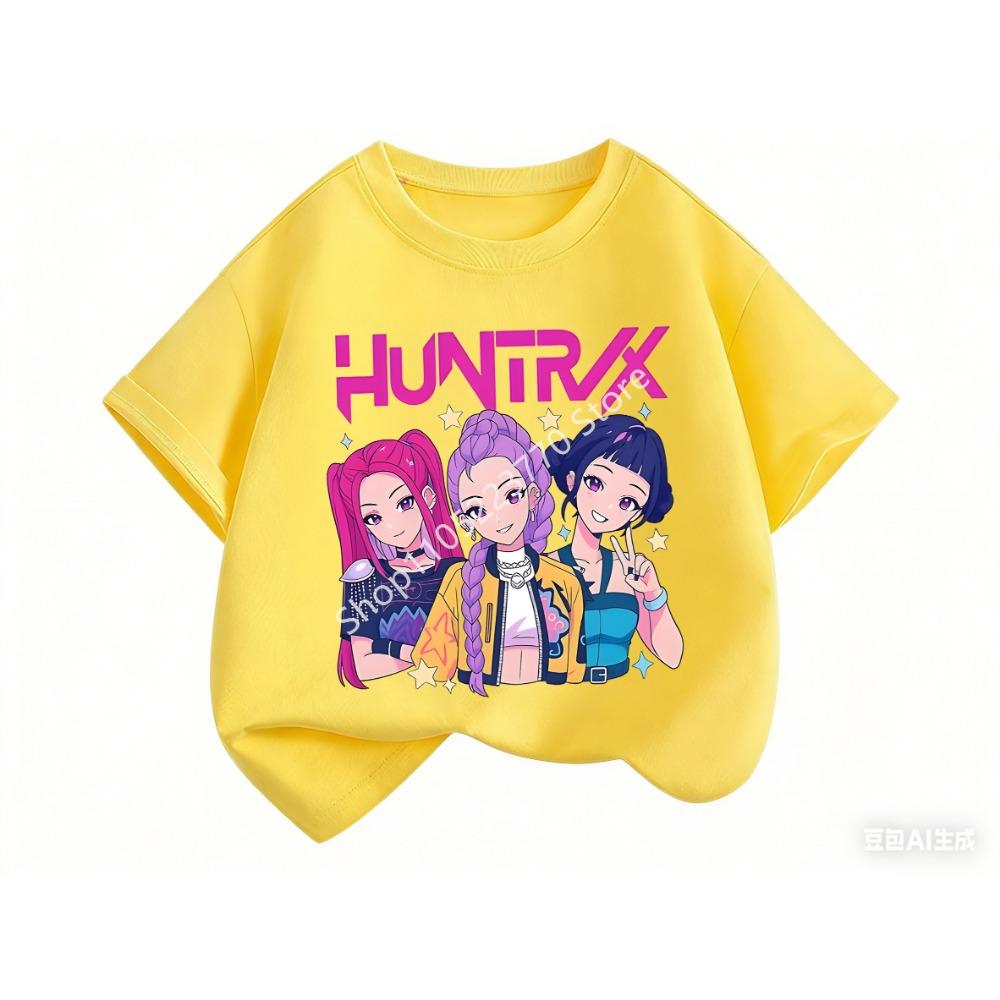 2026 Fun Huntrix Kpop Dämonenjäger T-Shirt für Jungen Mädchen Fans Geschenk Sommer Rundhals Kurzarm T-Shirts Mode Kinder T-Shirt