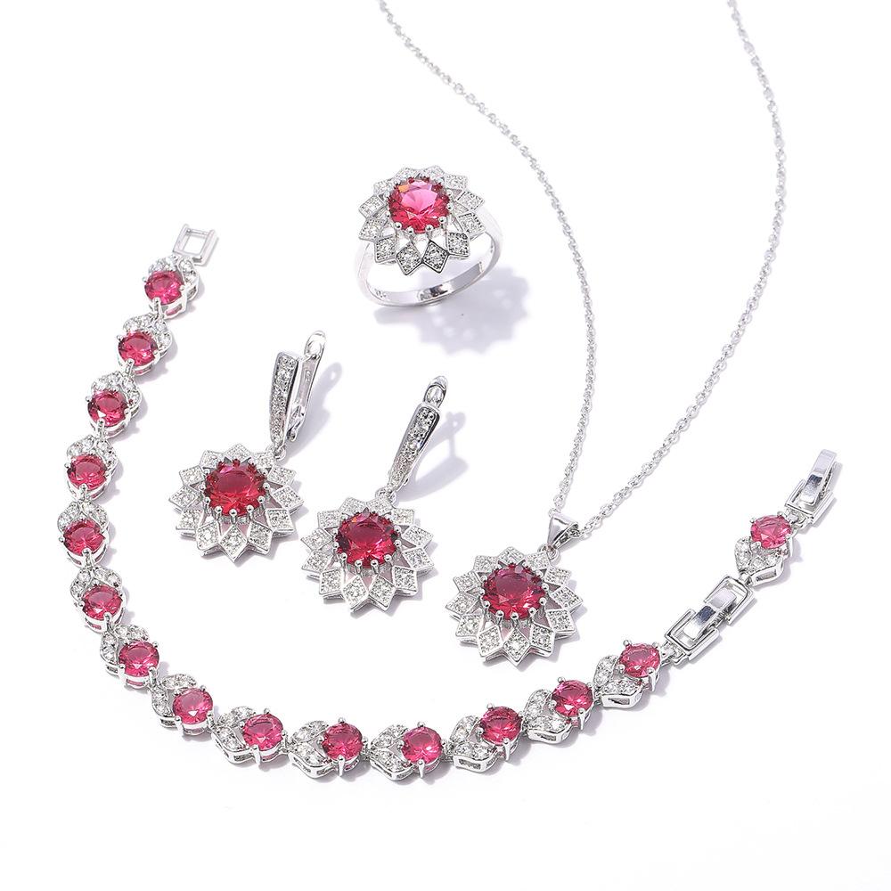 Round Zircon Necklace Earrings Ring Bracelet Set, Copper Set Zircon Platinum Plated Jewelry, Multicolor