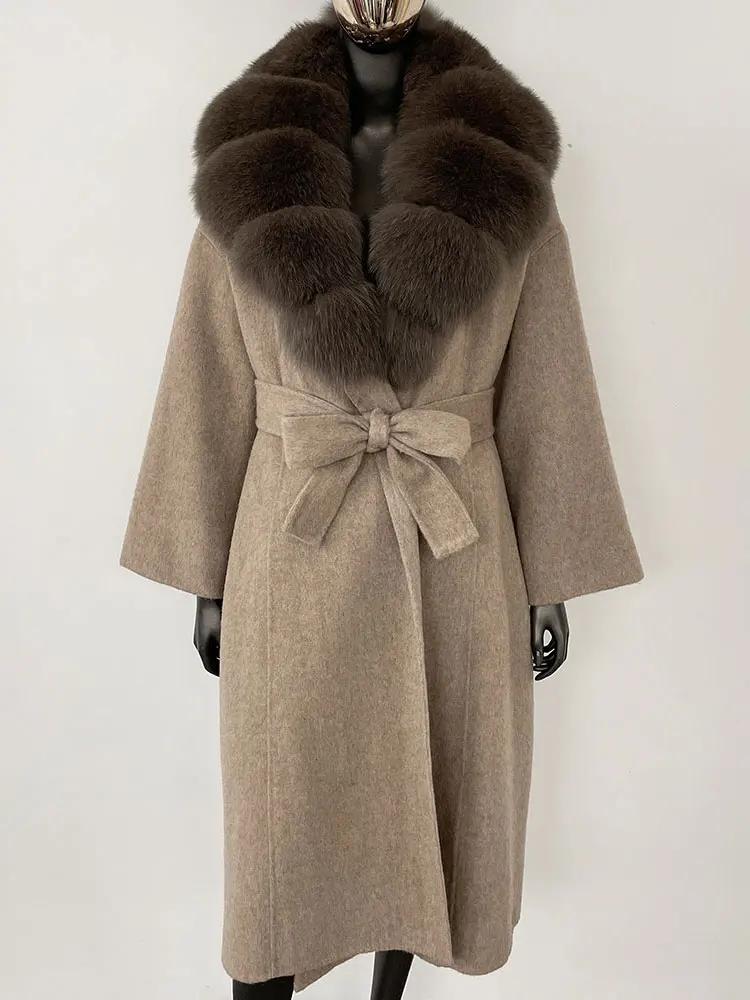 OFTBUY Kabát z pravé kožešiny 2024 Nadměrný dámský svrchní oděv Zimní dámská bunda s límcem z přírodní liščí kožešiny Kapuce Kašmírová vlněná směs Kabát