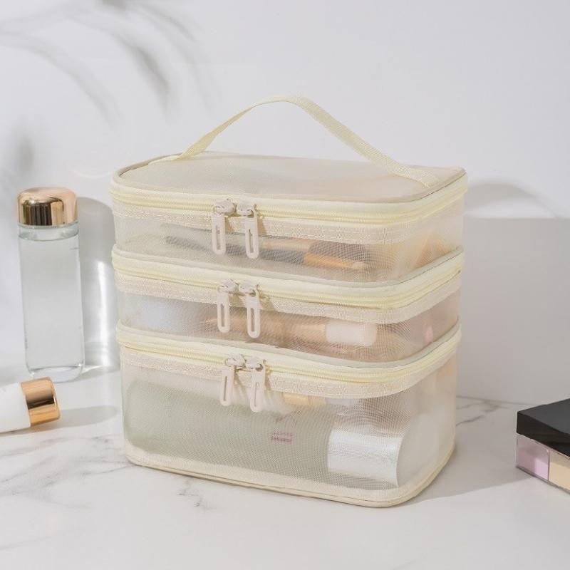 Трехслойная сетчатая косметичка большого объема, складная дорожная сумка-органайзер для туалетных принадлежностей, косметики, косметичка бежевый