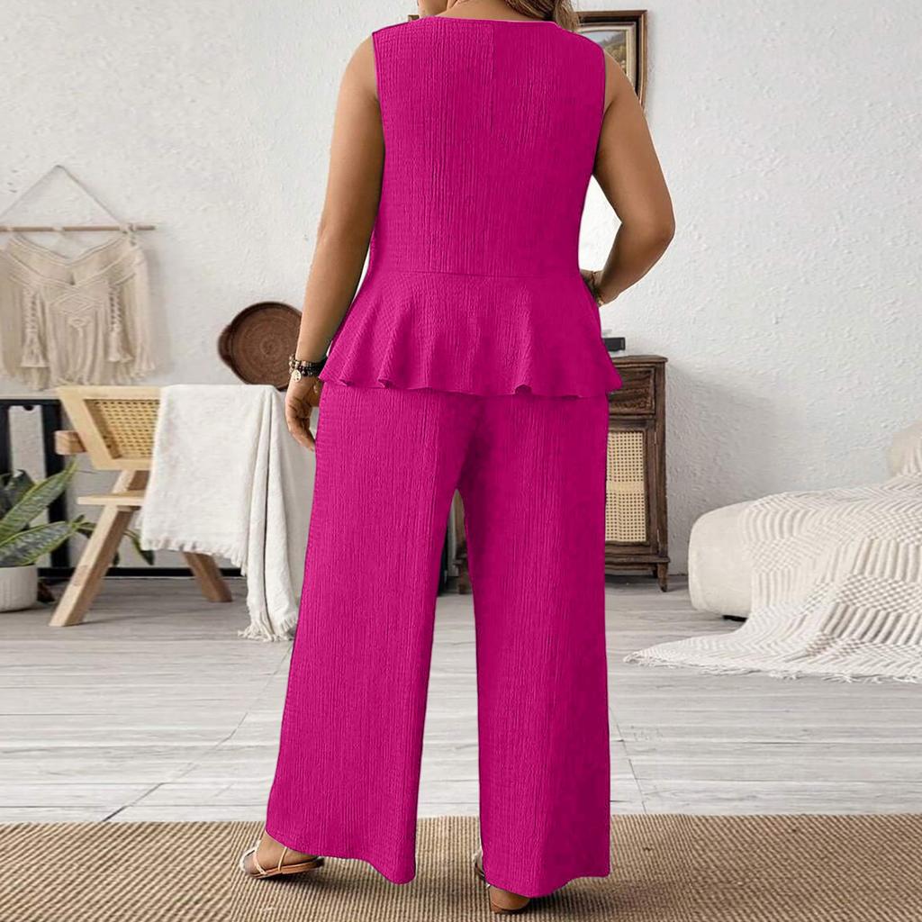 Damski letni casualowy modny top bez rękawów w dużym rozmiarze, luźny i wygodny, spodnie z szerokimi nogawkami, zestaw dwuczęściowy