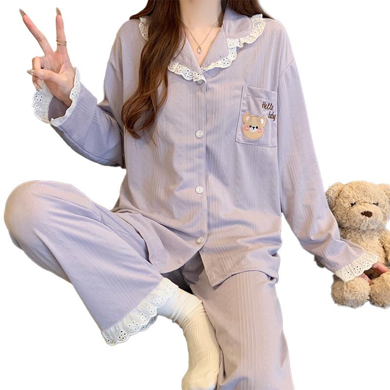 Sweet Lace Long-Sleeved Pajamas Women'S Spring Imitation Cotton Long-Sleeved Cute Bear Jacquard Loose Loungewear Set