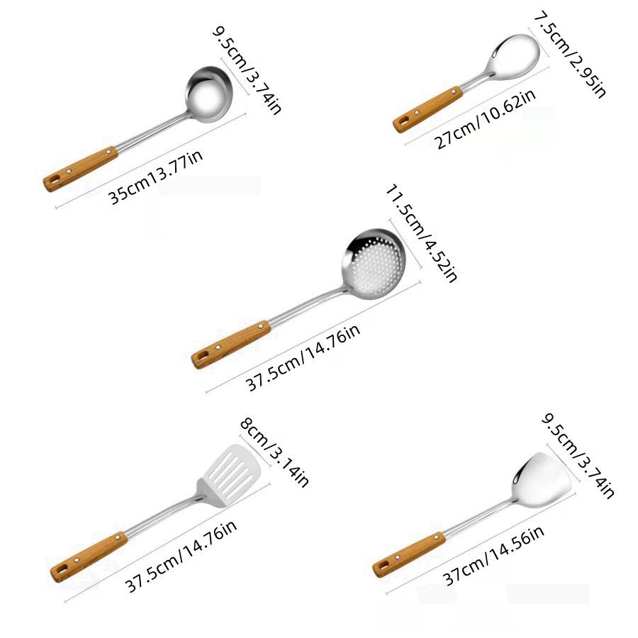 Stainless Steel Scalding Handle Spatula Spoon Colander Imitation Wood Grain Kitchenware Set Kitchen Cooking Spatula Thickened