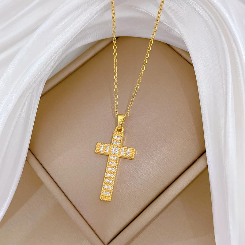 Titanium Steel, Cross Zircon Light Luxury Temperament Gorgeous Full Diamond Necklace Female Versatile Collarbone Chain Titanium Steel