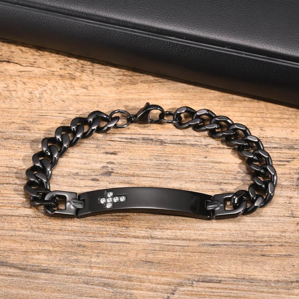 Personalized Cross ID Bracelets for Men Boys,Engraved Stainlesss Steel Chain Link Wristband,Stylish Jewelry Gifts