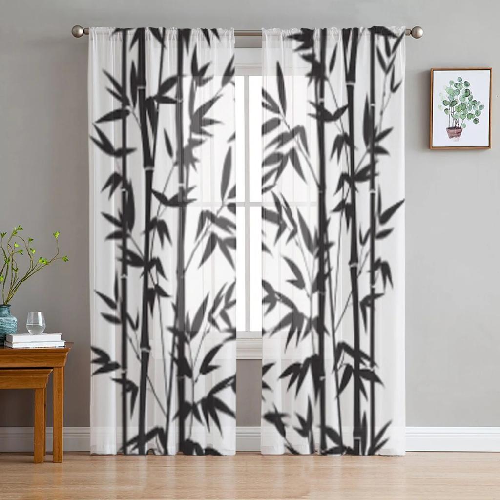 Schwarze transparente Vorhänge mit Bambus-Vogelmotiv für Wohnzimmer, Schlafzimmer, Tüllvorhänge, Küchenfensterbehandlungen, Vorhänge