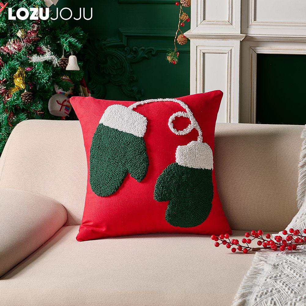1PC LOZUJOJU Fashionable and Versatile Christmas Style Red Pillowcase Plush Embroidery Soft Cushion Cover for Sofa Living Room Bedroom Home Decor