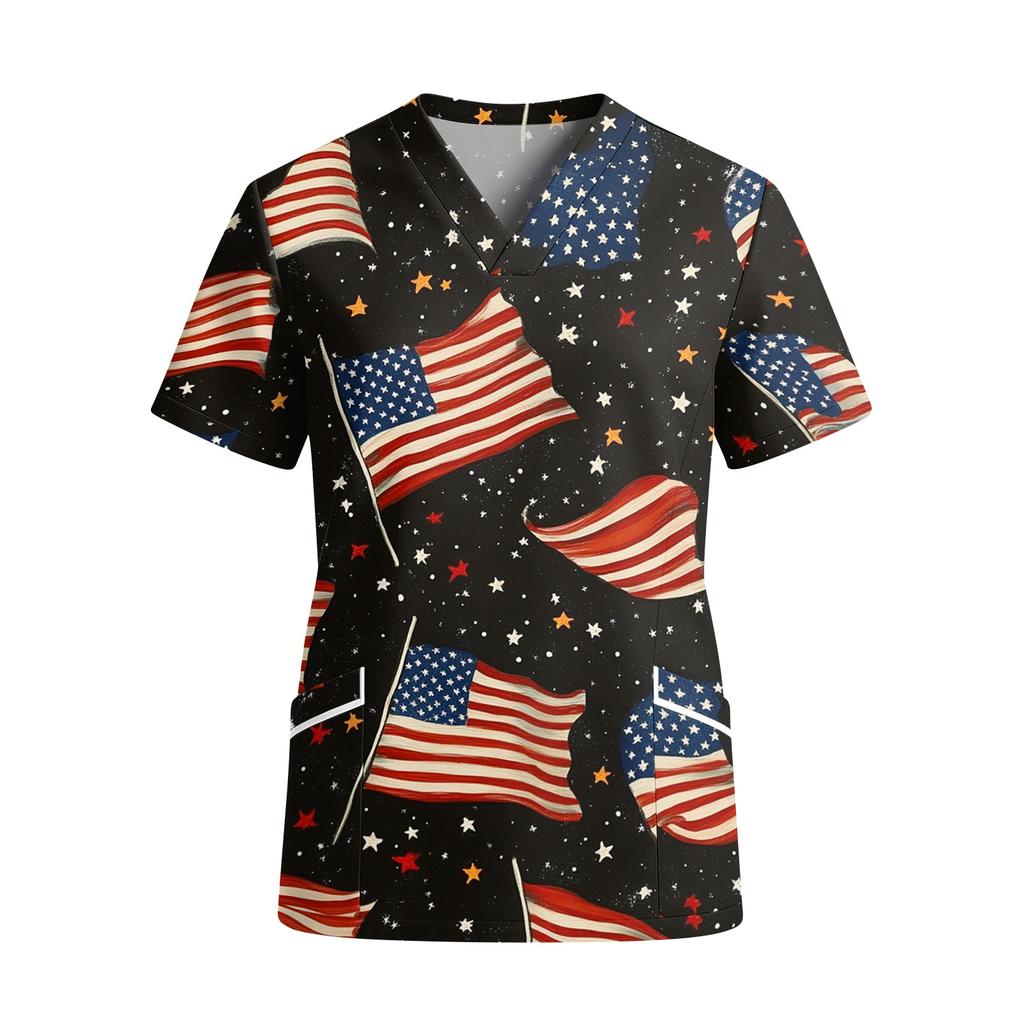 Womens V Neck Short Sleeve Scrub Top with Pockets Star Print Comfortable for Healthcare Professionals