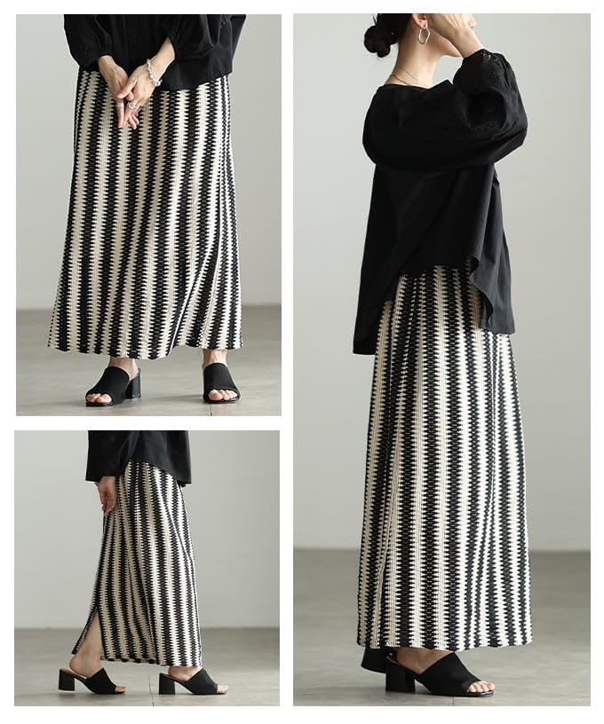 la Summer crochet knit long skirt for Long length skirt with elastic openwork relaxed Free Size Black Stripe [sawa á mode] mood-enhancing women.
