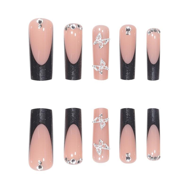 Butterfly Design Glitter Acrylic Nail Tips Women Long Full Cover Press-On Nails Sweet Style Gel Adhesive Jelly Glue Options