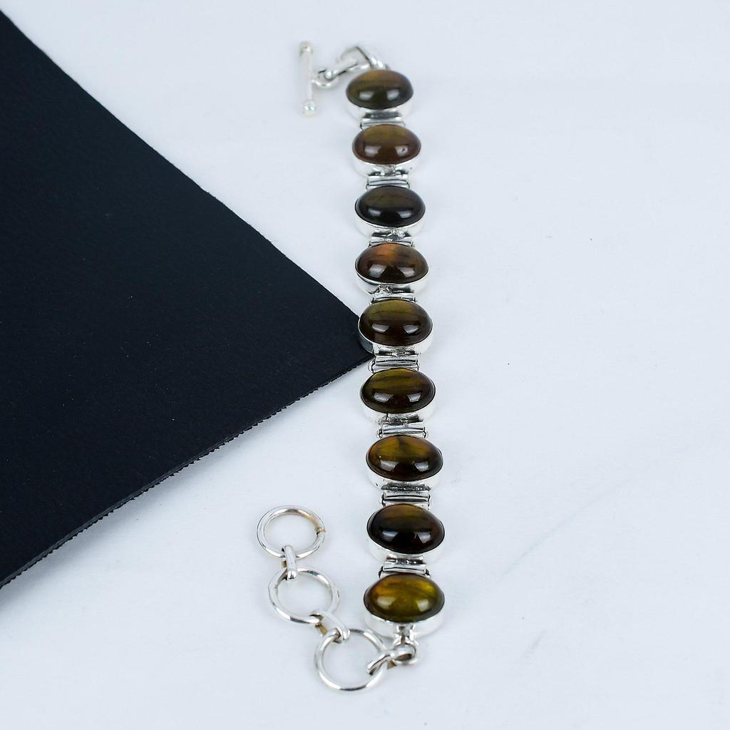 Natural Yellowe Flash Labradorite Gemstone Handmade 925 Sterling Silver Bracelet, Yellowe Flash Labradorite Bracelet For Wife , Unisex Bracelet