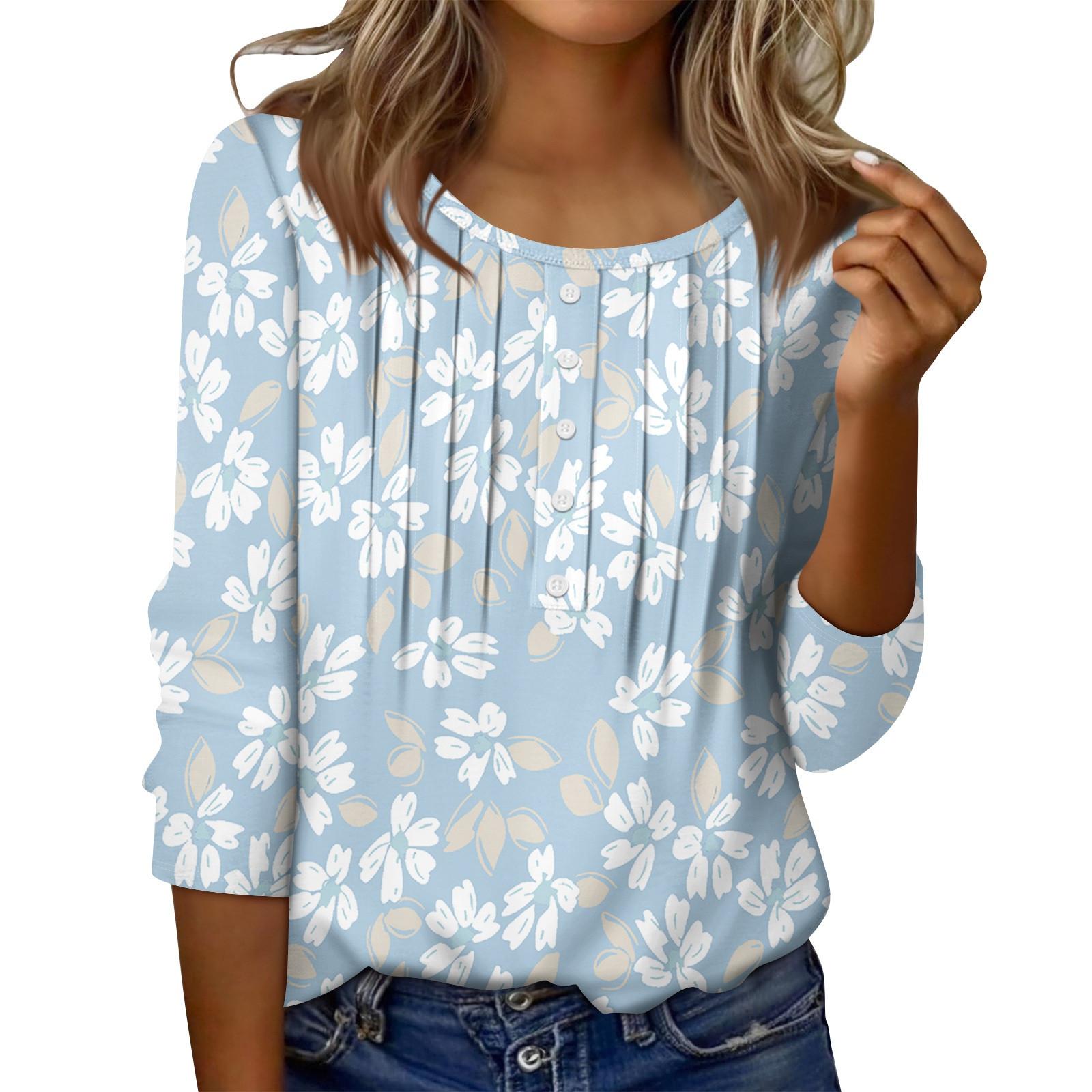 

Women s Round Neck Pull Stripe Decorative Button Top Casual Solid Color 3/4 Sleeve T Shirt M