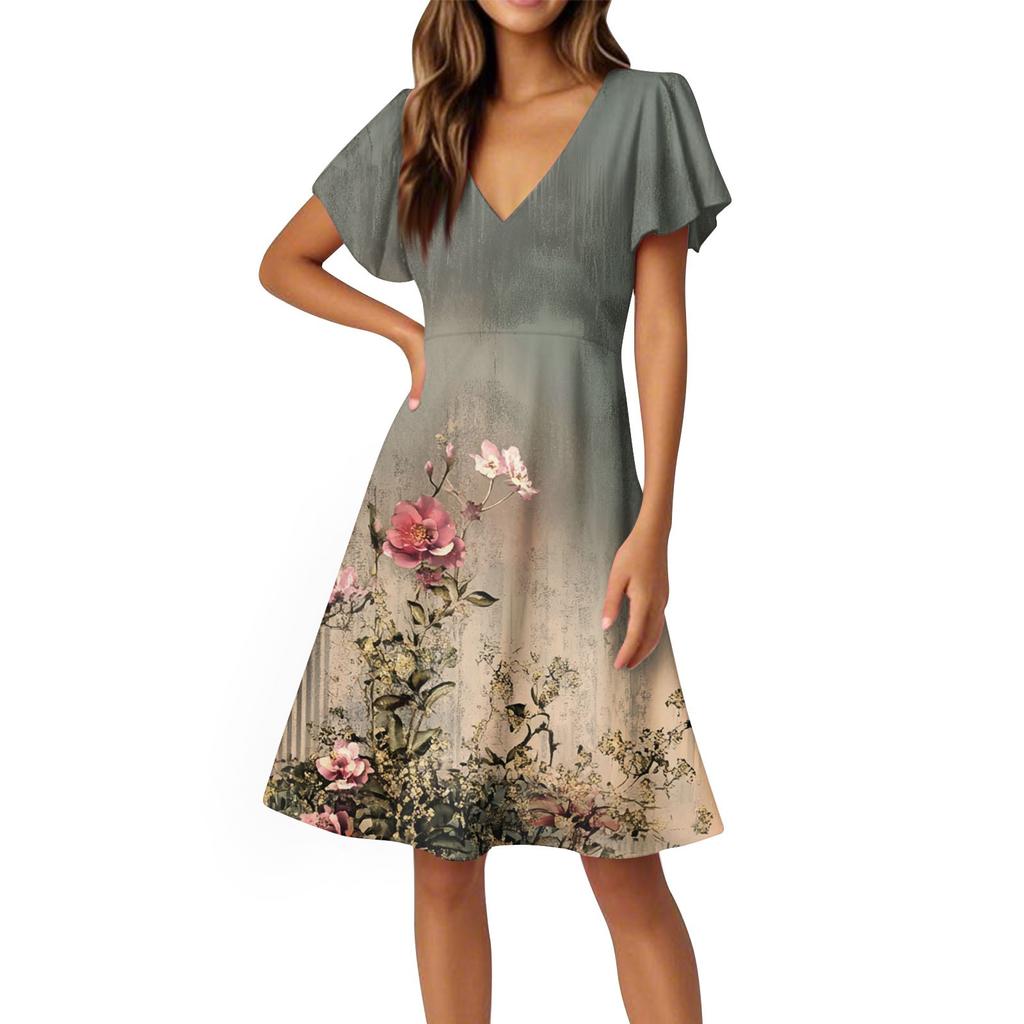 Women's Dress Flared Sleeve Short Sleeve Casual Floral V-neck Dress