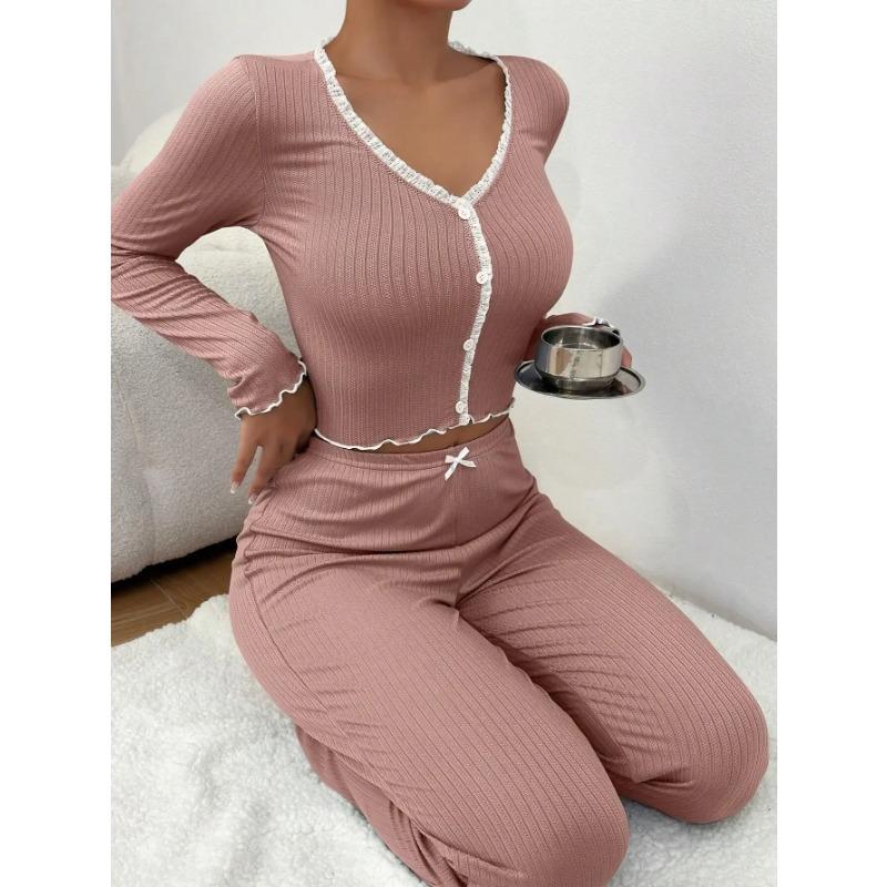 Autumn and Winter Home Wear Pajamas Set Women's Long-sleeved Shirts and Trousers 2-piece Set Sexy Lace Pajamas Pajamas Home Wear