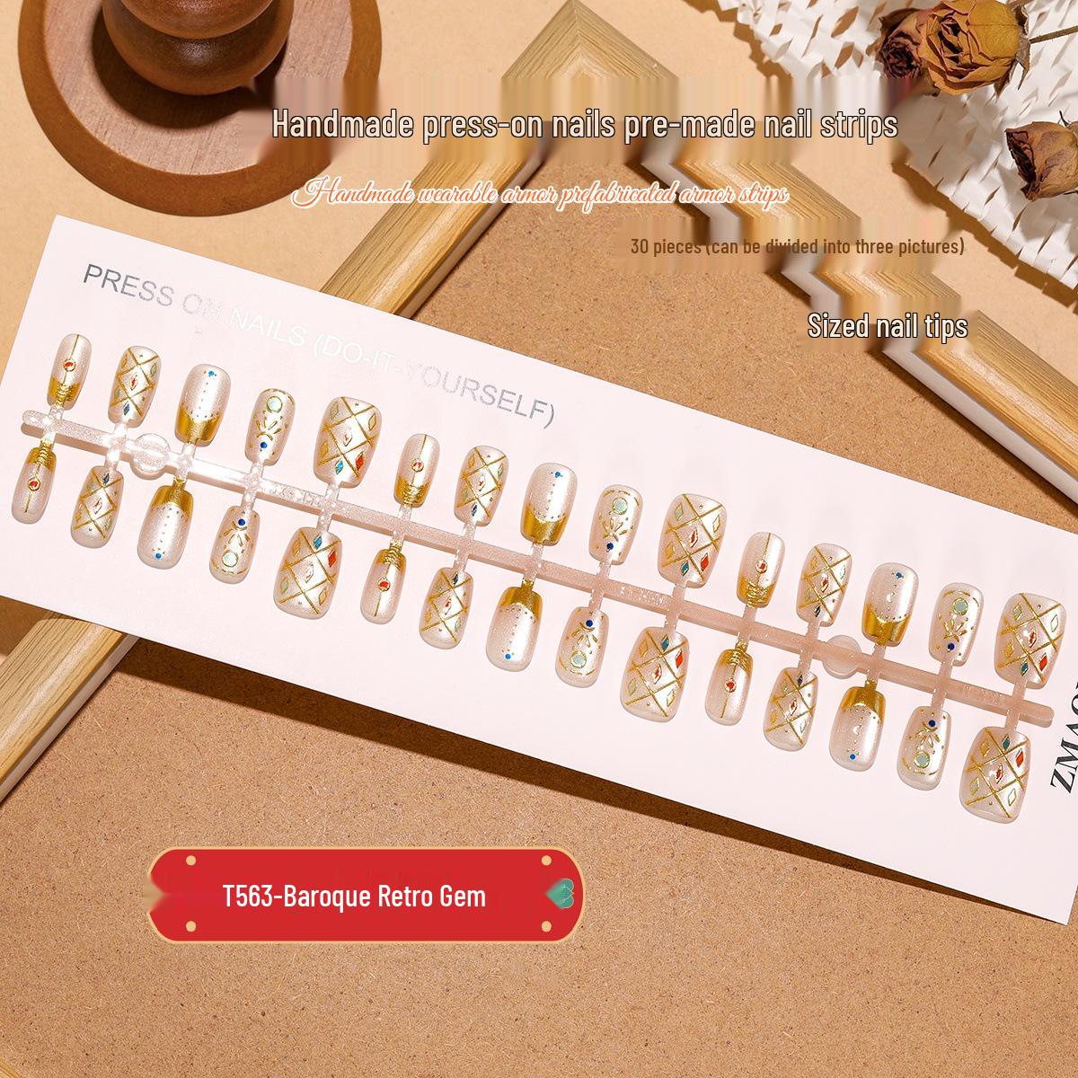 

T563# Baroque Retro Gem Cat Eye Luxury Court Style Handmade Nail Stickers S Full Set