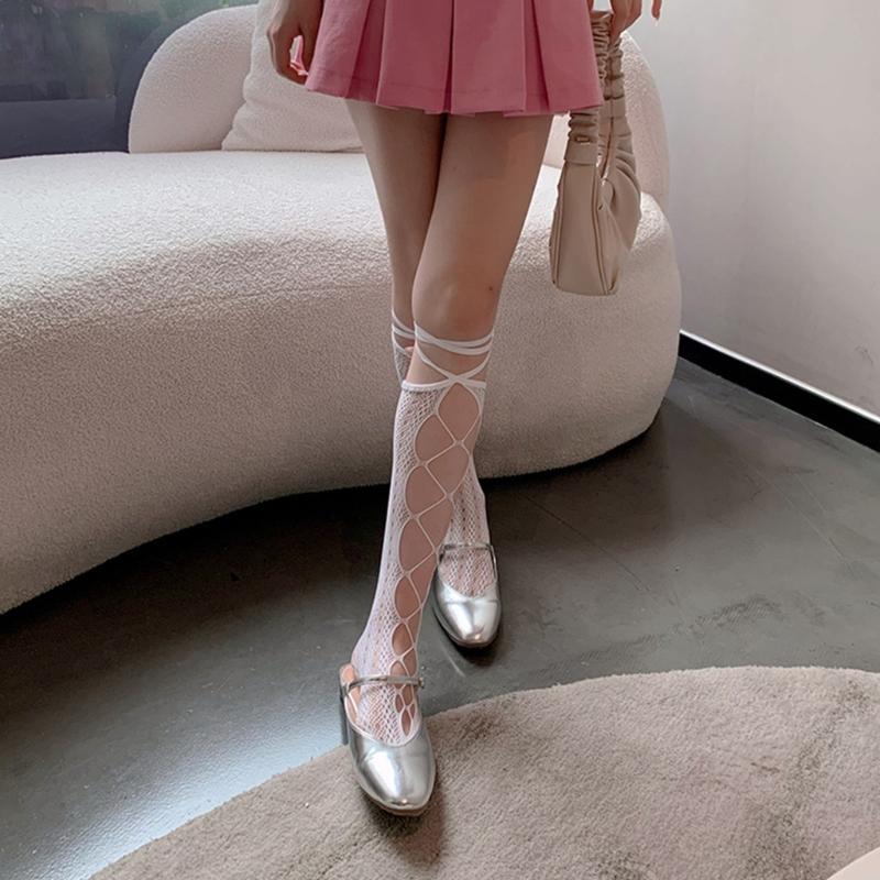 Openwork Lace Fishnet Knee Length Socks for Women with Bows Tie Detail, Slouch Fashion Legwear for Party Outfits and Daily Looks