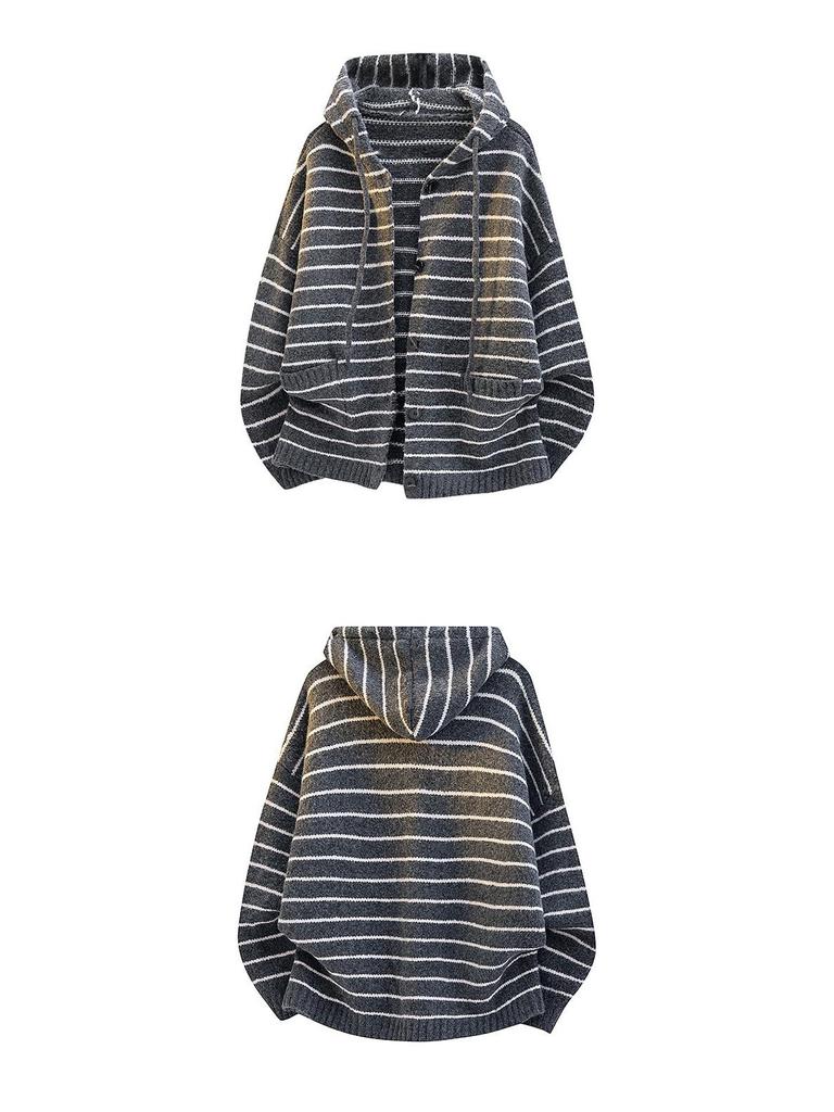Women's Retro Striped Hooded Knit Cardigan Sweater Coat