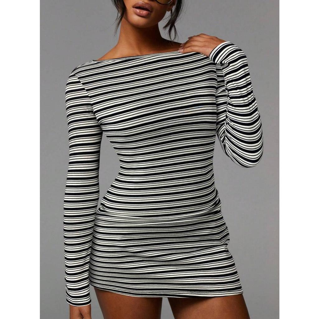 Fall Winter Women's Crew Neck Striped Bodycon Dress, Slim Waist Skinny Mini Dress, Y2K Sexy Streetwear For Crossborder