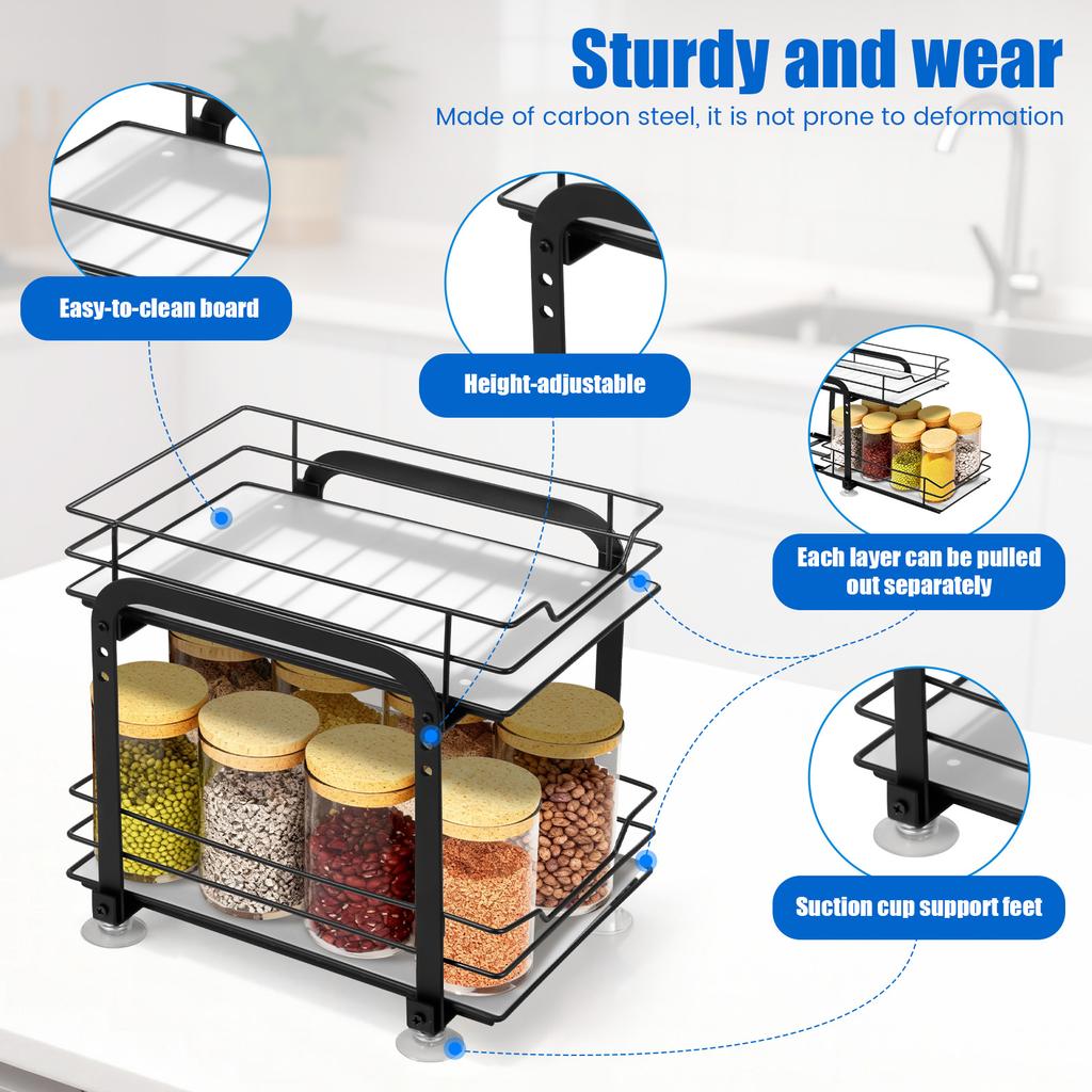Pull-Out Under Sink Organizer Sliding Spice Storage Rack Height Adjustable Kitchen Bottle Can Cabinet Under Organizer Shelf