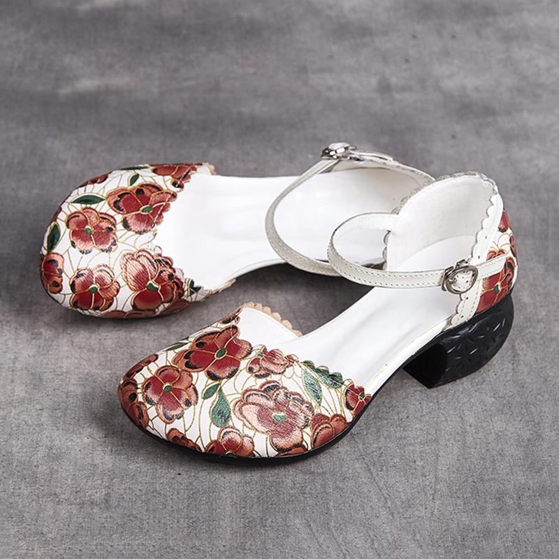 Women Shoes Summer Sandals Genuine Leather 2024 New Fashion Buckle Strap Print Retro Handmade Concise Leisure Ladies Sandals Casual Shoes