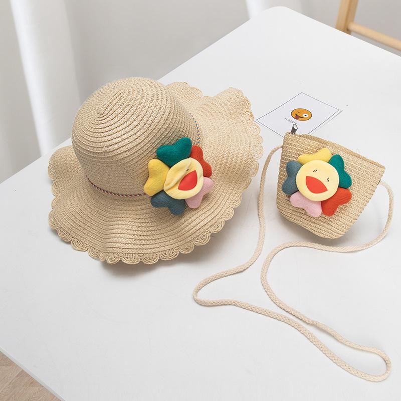 Summer outdoor new straw children's cartoon cute flower hat with bag woman