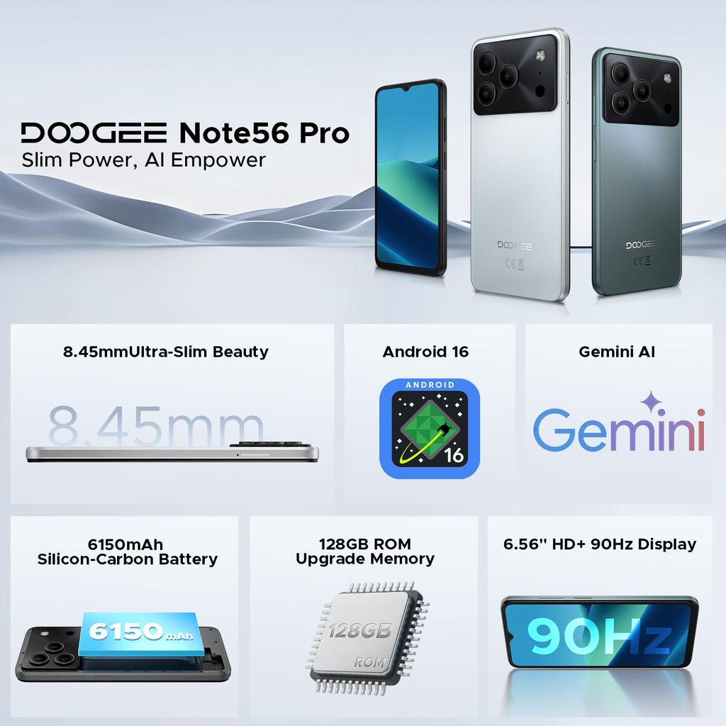 DOOGEE NOTE 56 PRO Mobile Phones, Android 16 With Gemimi AI, 32GB+128GB/2TB, 6150mAh& 6.56"HD+90Hz, 4G Dual SIM Unlocked Mobile Phone