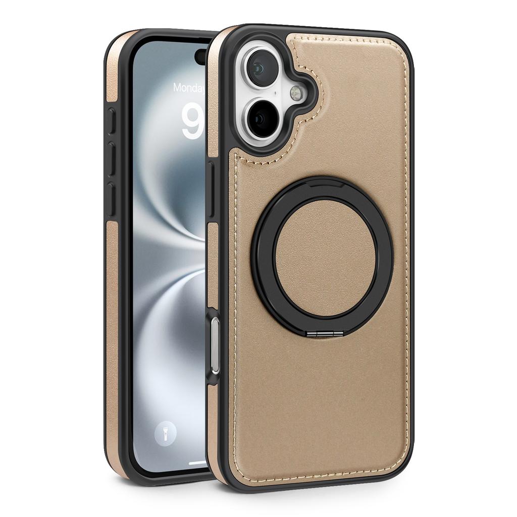 For iPhone 16 Magnetic Case Rotate Ring Kickstand PU Leather+PC+TPU Back Cover