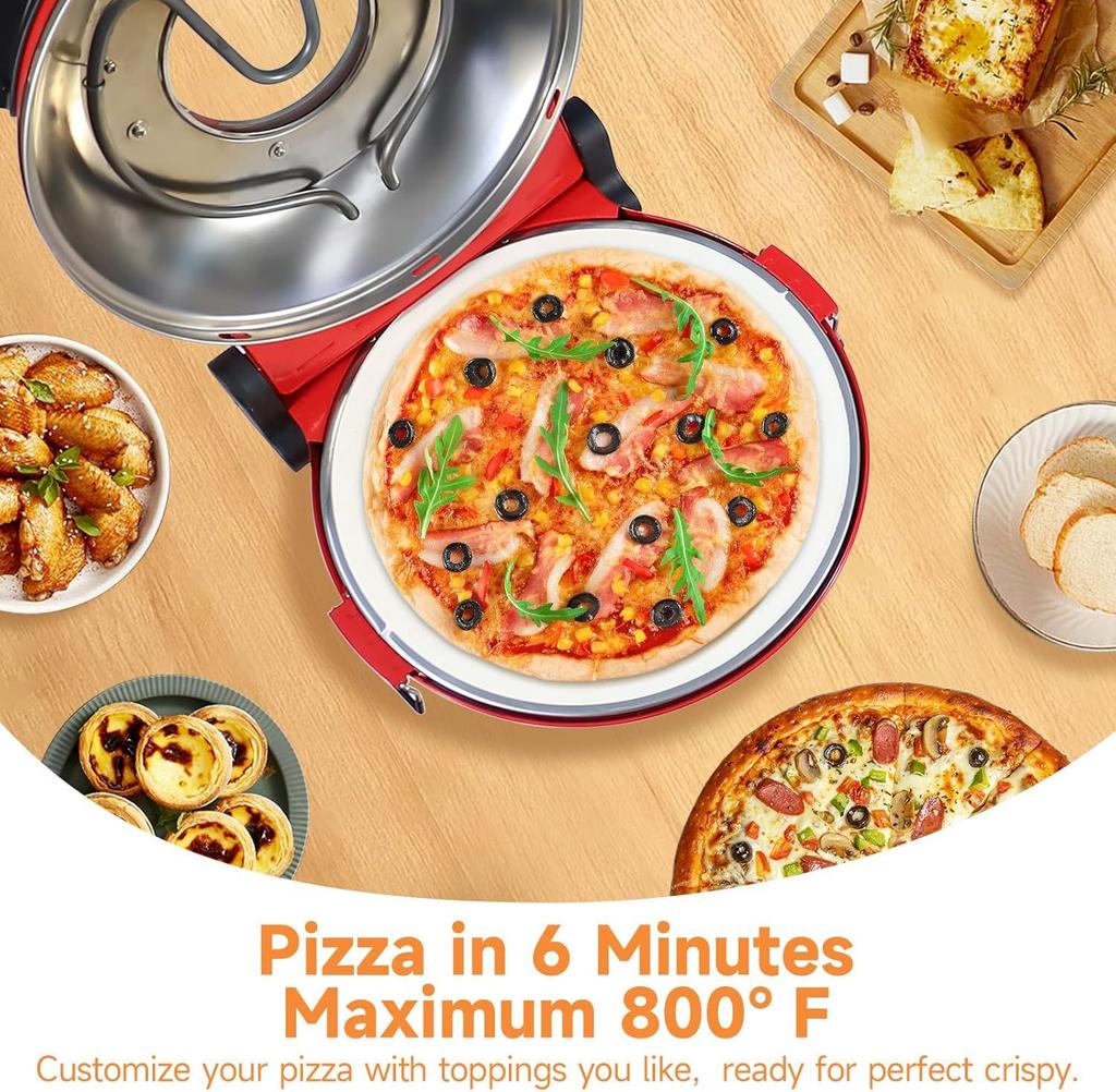 420-degree Ceramic Stone Pizza Oven, 12-inch Pizza Oven, 1200W Countertop Pizza Maker with Built-in Thermometer and Timer