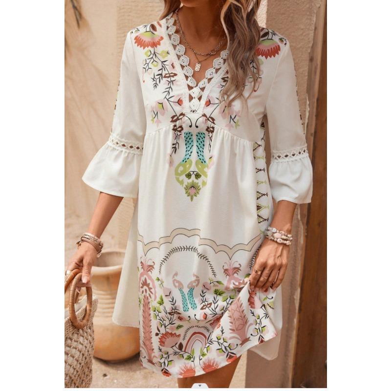 

TIFICY Women s Fashion Summer Spring 3/4 Sleeves V-Neck Loose Waistline Casual Dresses XXXXXL абрикосовий