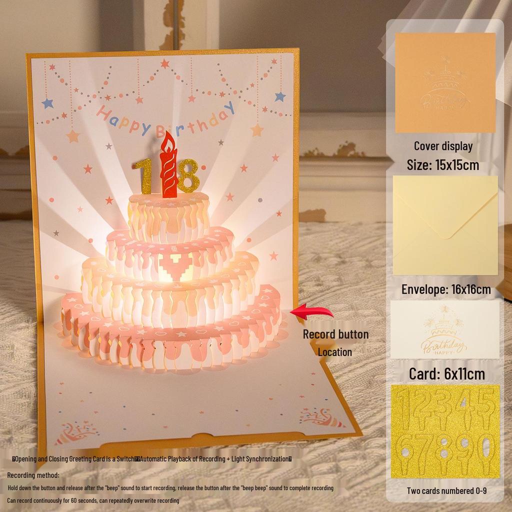 3D Pop-Up Geburtstags-Soundkarte mit Aufnahme-Licht - Kuchen-Design für Freund/Freundin Geschenk