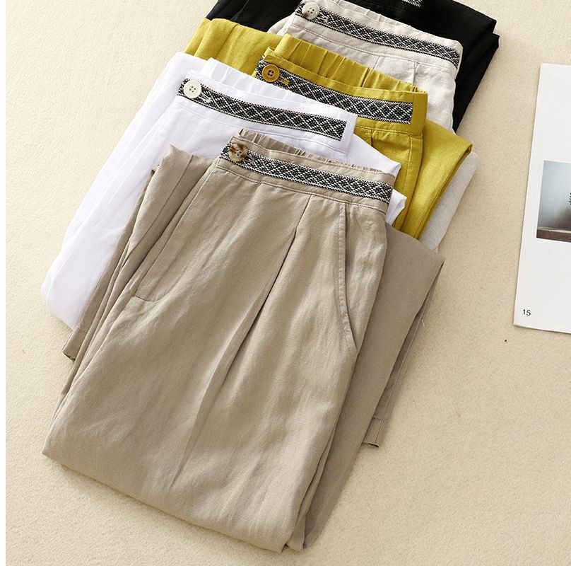 Spring Summer Retro Embroidered Cotton Linen Wide Leg Pants Women Loose Large Size Trousers