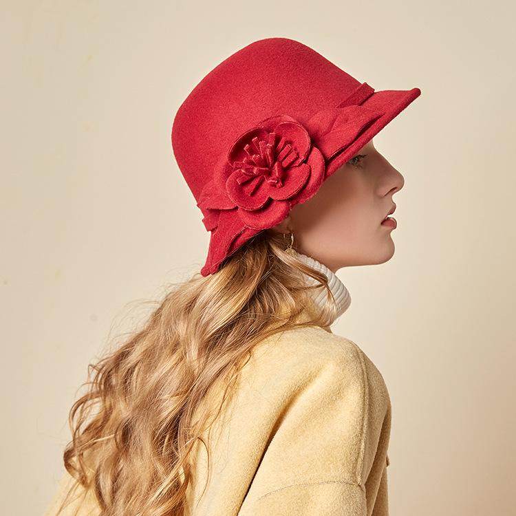 New Hat Women's Autumn and Winter British Woolen Woolen Pot Hat Fashion Flower Bucket Hat Warm Felt Top Hat